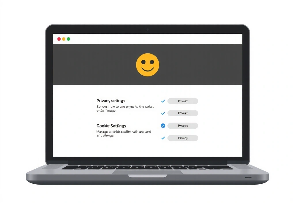 Illustrazione di un utente che gestisce le impostazioni della privacy su un computer portatile, con icone di cookie e caselle di controllo.