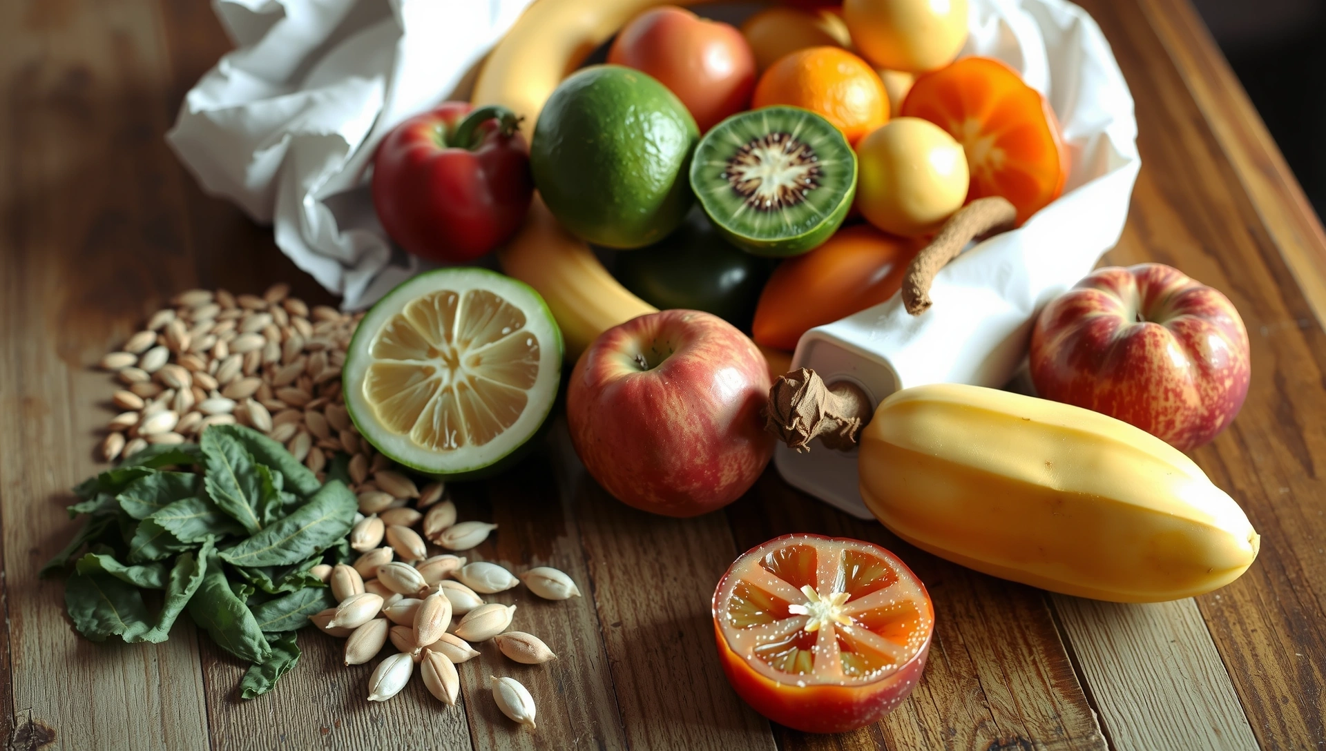 Frutta fresca, verdura e cereali integrali disposti artisticamente su un tavolo di legno, simboleggianti benessere e nutrizione scientifica.