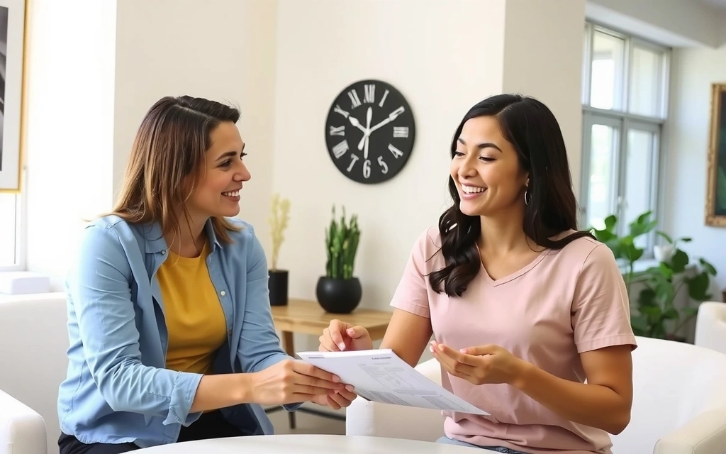 Un nutrizionista che spiega un piano alimentare a un cliente sorridente in un ambiente moderno e accogliente.