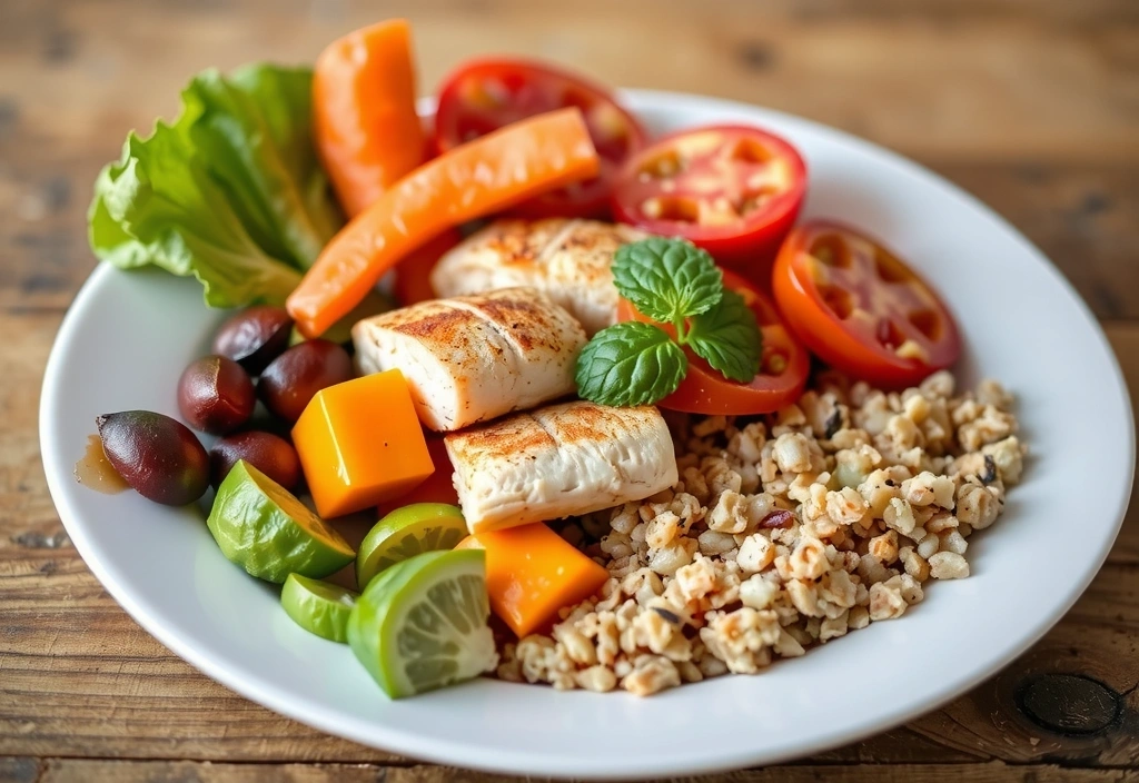 Un piatto colorato e bilanciato con verdure fresche, proteine magre e cereali integrali, rappresentante un pasto sano.