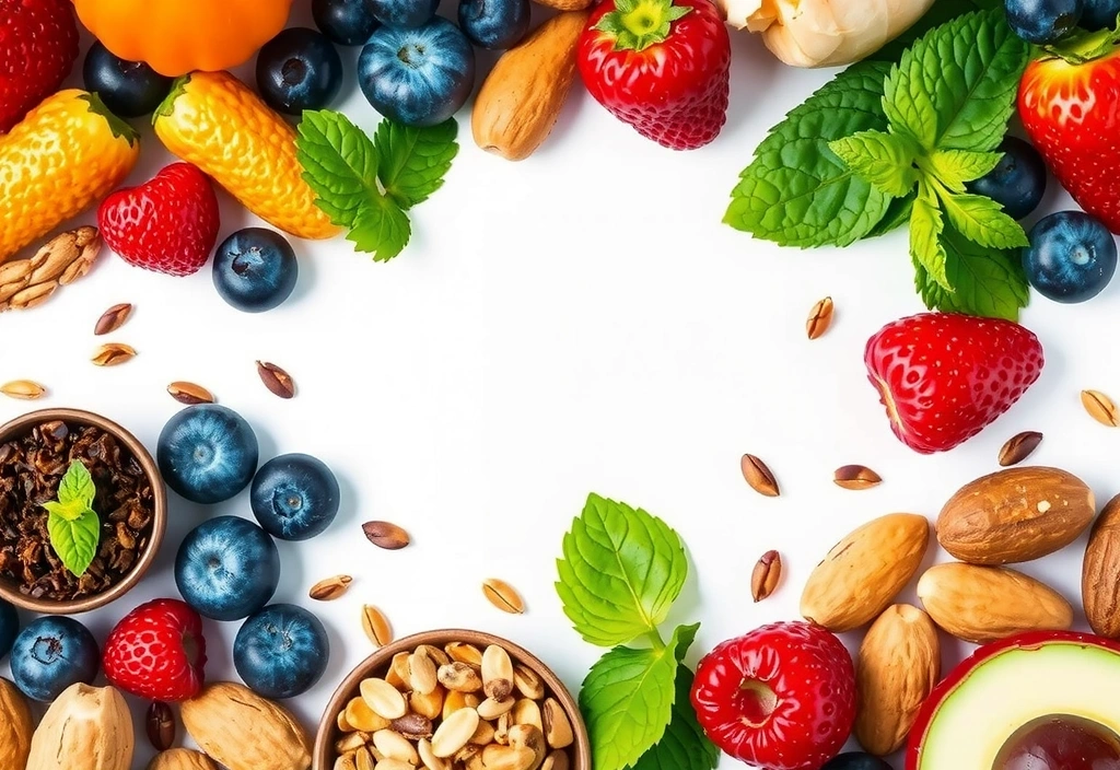 Una varietà di superfood colorati come bacche, noci, semi e verdure a foglia verde, evidenziando alimenti ricchi di nutrienti.