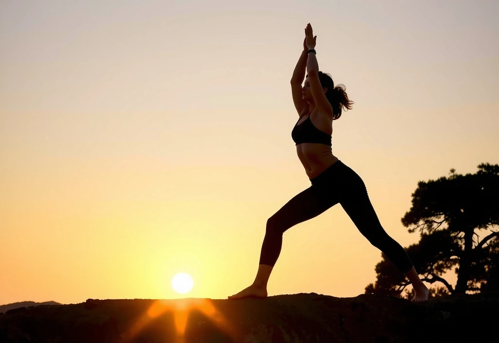 Una persona che pratica yoga all'alba, simboleggiante benessere olistico e l'importanza dell'esercizio fisico.
