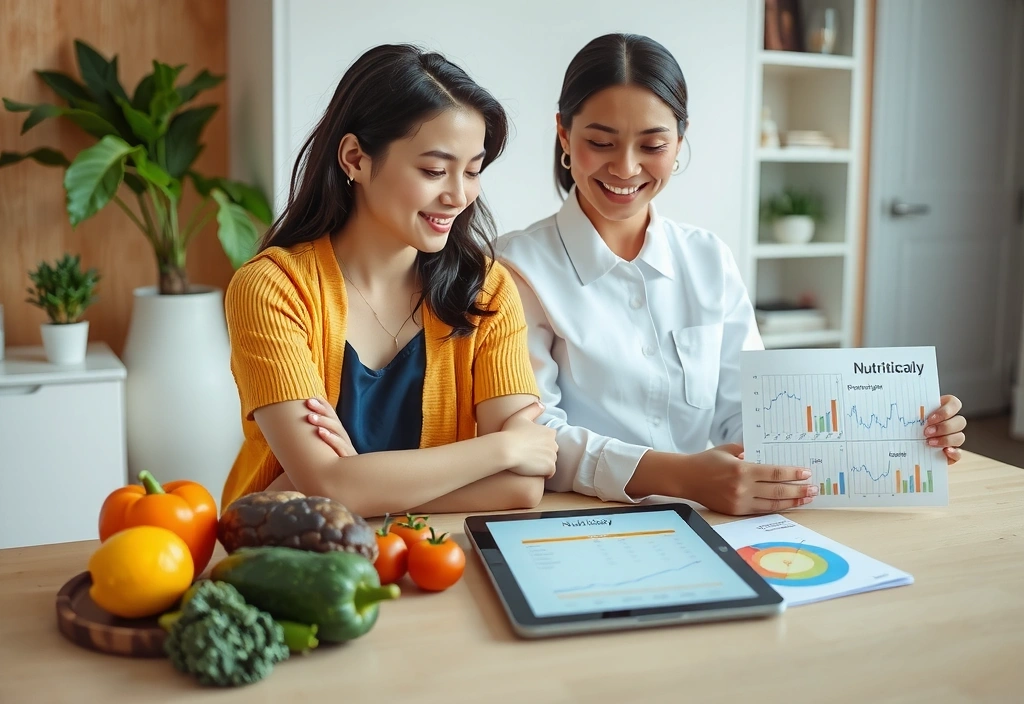 Nutrizionista che offre consulenza personalizzata a una cliente, con grafici e alimenti sani sullo sfondo.