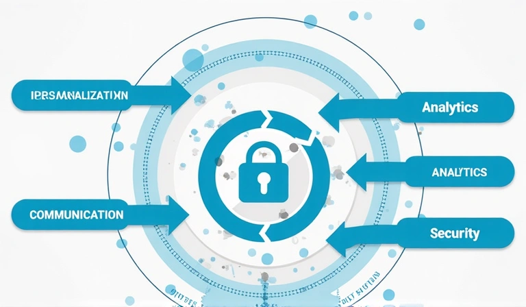 Data flow visualization with arrows pointing towards various services like analysis, communication, and personalization