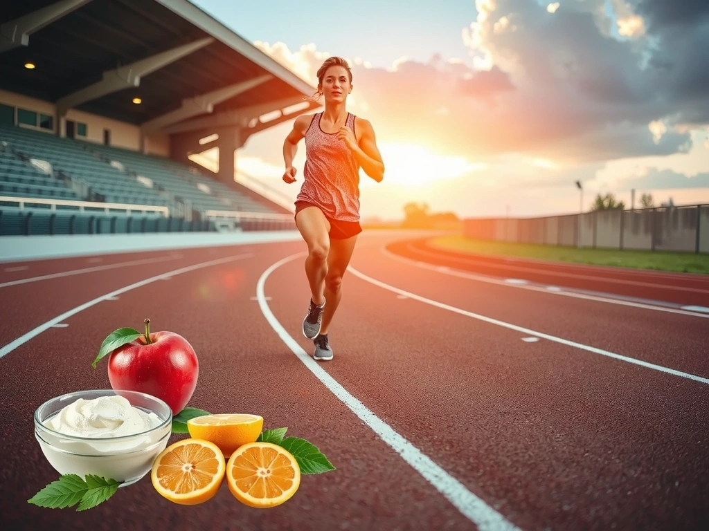 Atleta che corre su una pista con un'alimentazione sana come focus, migliorando le prestazioni sportive