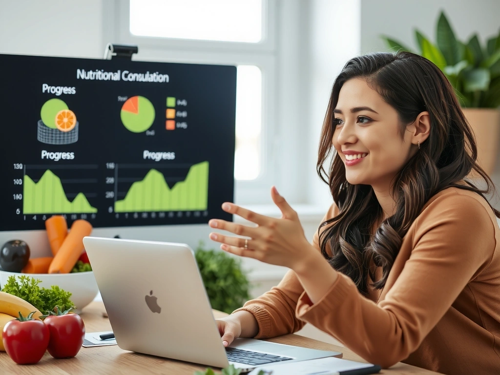 Donna sorridente che usa un laptop per una consulenza nutrizionale online, con grafici e cibo sano sullo sfondo