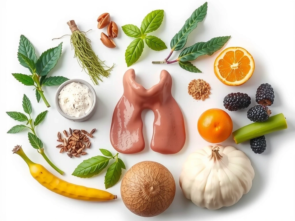 Ghiandola tiroidea stilizzata con erbe medicinali e cibi sani, che simboleggia il supporto nutrizionale per condizioni mediche