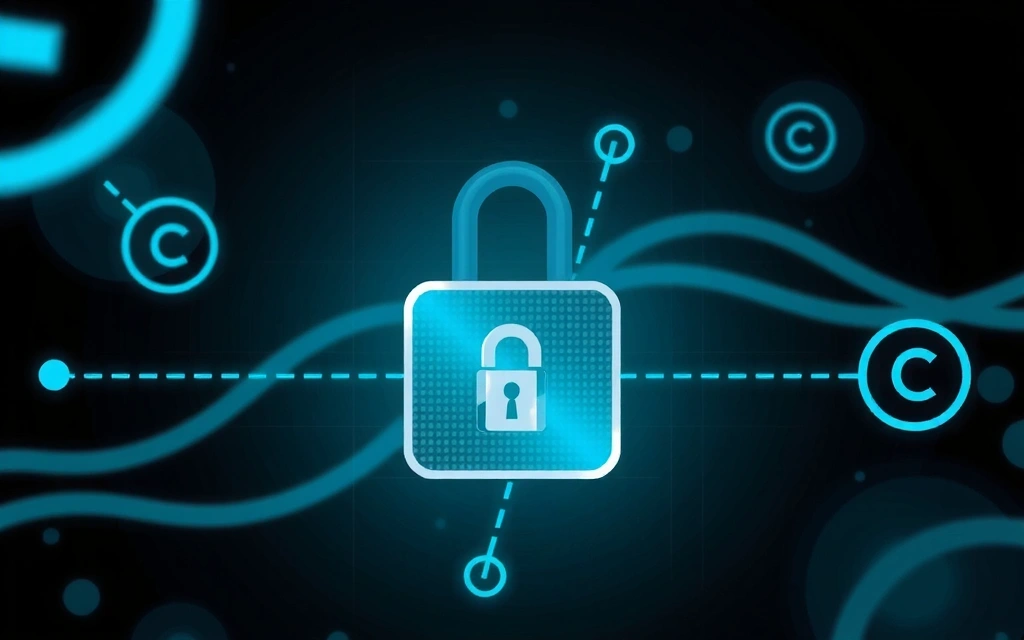 Un'immagine astratta che raffigura la sicurezza dei dati e la protezione della proprietà intellettuale, con un lucchetto e simboli di copyright.