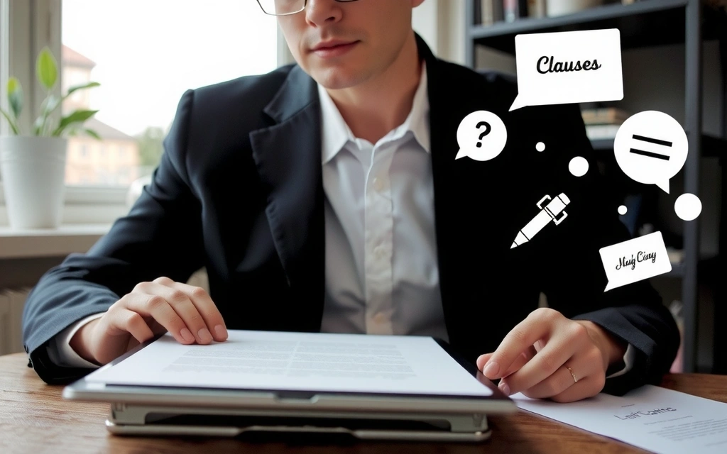 Una persona che legge attentamente un documento legale su un tablet, con icone di clausole e firme stilizzate che galleggiano intorno.